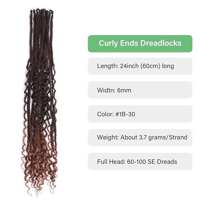 24 In 30 Strands Boho Dreadlock Extensions, Ombre Auburn Synthetic Curly Dreads Extensions with Box Braid, 100% Handmade Dreads Hippie Style Dreadlocks for Woman