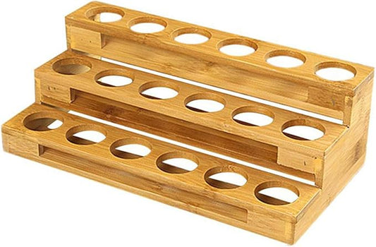 Pure Vie 3 Tier Essential Oil Bottles Wooden Storage Display Stand Travel Display Presentation Holder, Cosmetic Aromatherapy Organizer Rack Nail Polish Fragrance Container - Holds 18 Slots (30 ml)