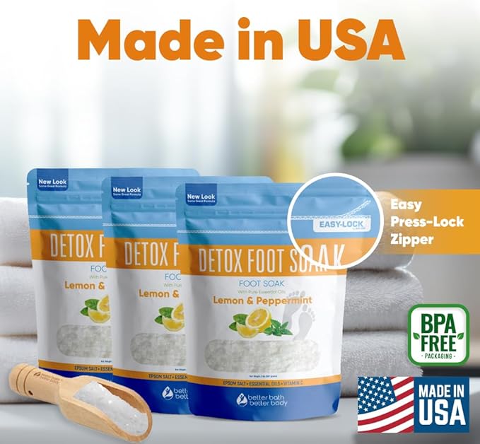 Detox Foot Soak (3 Pack Plus Scoop) Epsom Salt Soothing Soaks and Athlete's Foot Detox with Essential Oils in BPA Free Pouch with Press Lock Seal (Bundle with Three 2 Lbs Pouches 6 Lbs Total)