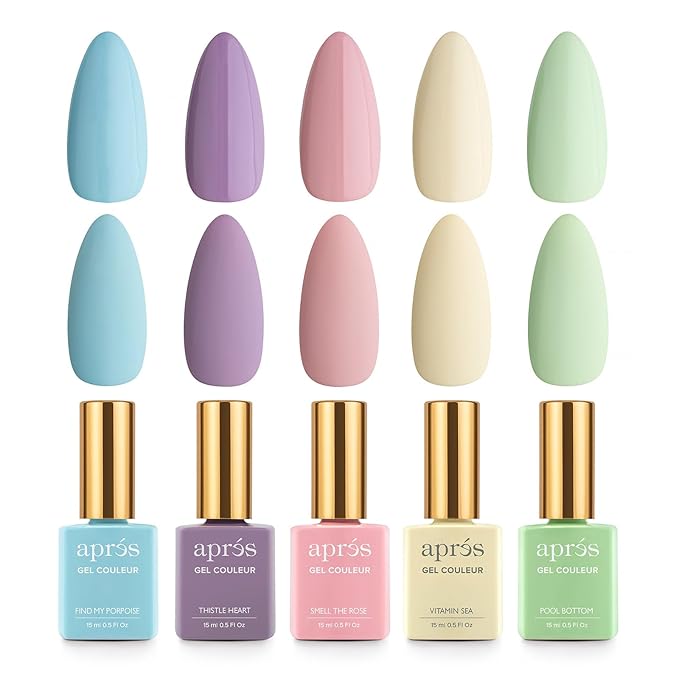 Apres Gel Couleur Combo Set, 5 Color Gel Nail Polish, Bright Nude Pastel Colors with Brush-X Nail Art Brush, 2024 Edition (Set 4)