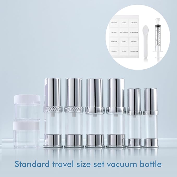 silvery travel size bottle with bag set, airless real pump bottle, reusable vacuum bottle, lotion, hand sanitizer, essence, etc (12 packs) 5ml/10ml/20g ZKP-YS-5-10-15