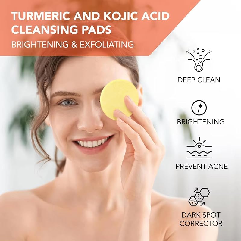 Turmeric & Kojic Infused Exfoliating & Cleansing Pads for Discoloration, Dark Spots, Uneven Skin. Deep Clean & Unclog Pores, Brighten, Glow & Smooth Skin (Pack of 30)
