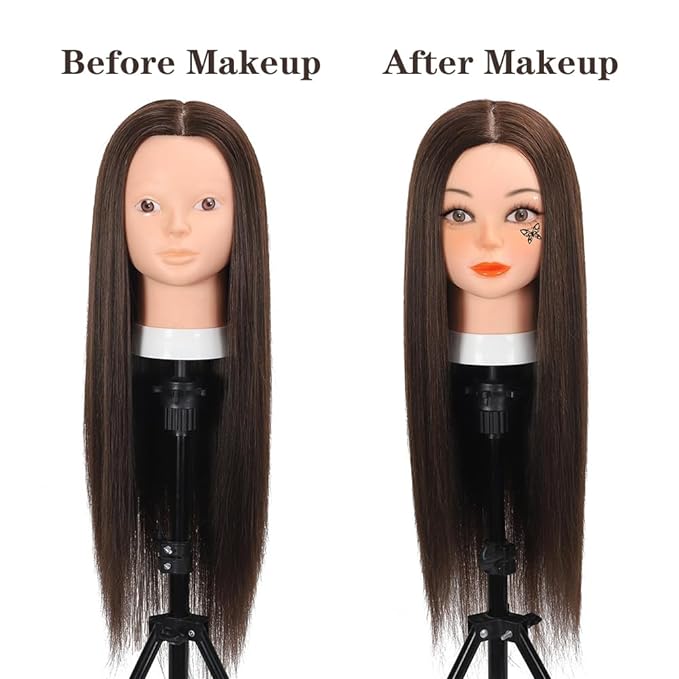 26 Inch Mannequin Head 80% Real Human Hair Styling Hair Mannequin Head Human Hair to Practice Hair and Makeup Hairdresser Head With Free Clamp (#4 No Makeup)