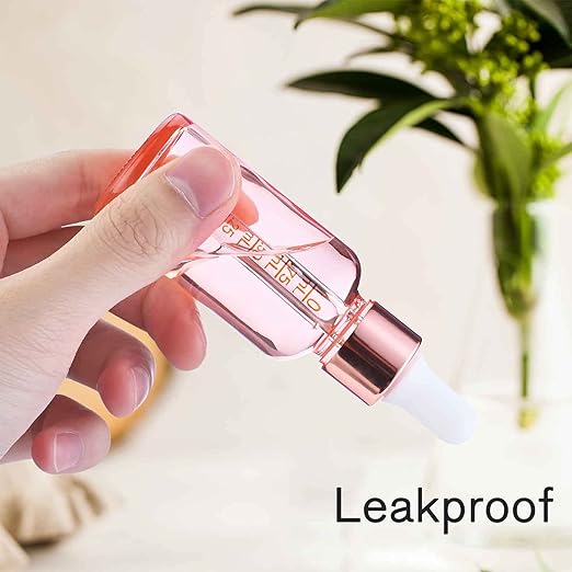 PrettyCare 2 oz Tincture Bottles with Dropper (63 Pack Rose Glass Eye Dropper Bottle 60 ml with Measured Pipettes, Golden Caps, Labels, Funnels & Plastic Pipettes) for Essential Oils