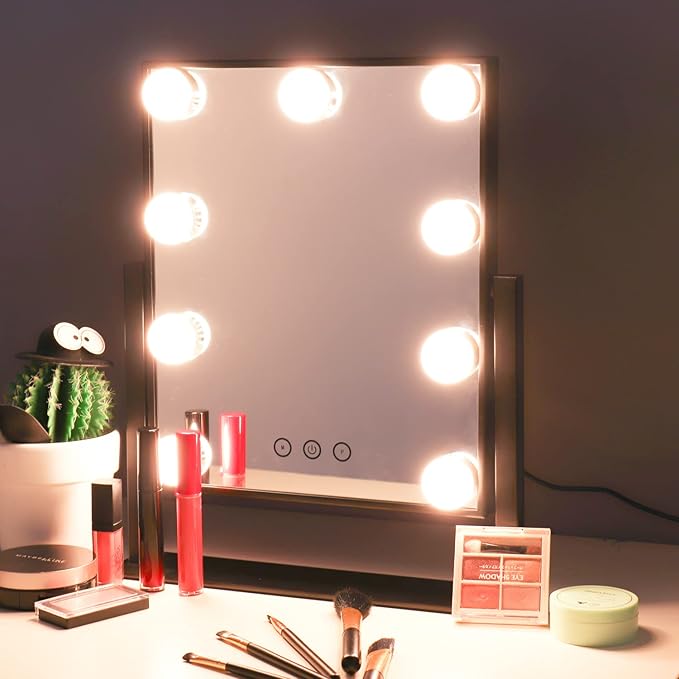 Vanity Mirror with Lights，Hollywood Lighted Makeup Mirror with 3 Color Modes and 9 Dimmable Diamond LED Light Bulbs Detachable 10X Magnification 360° Rotation Touch Control