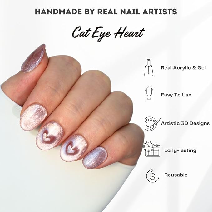 Press on Nails Handmade Nails 3D Press on Nails Short Medium Oval Almond Nails Fake Nails Glitter Cat Eye Nails Gel Nails Durable Reusable False Nails 10 Pcs (Cat Eye Heart Pink, L)