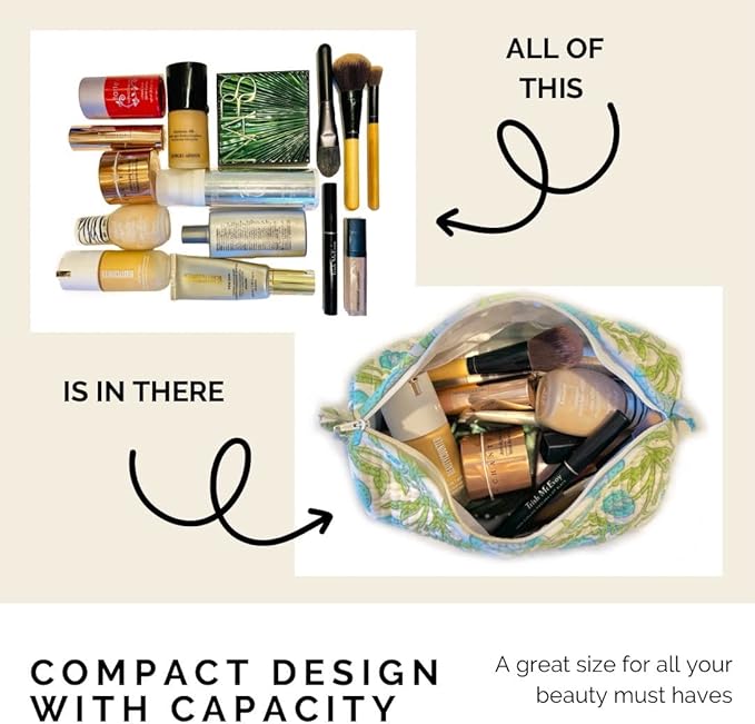 Block Print Designer Toiletry Bag & Makeup Case - Boho Floral Quilted Pouch for Cosmetics