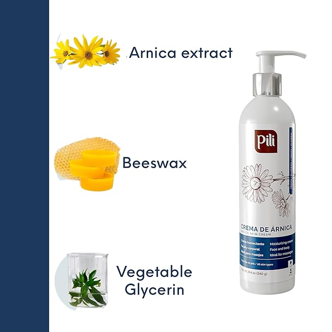 Pili Arnica Cream 8.4 oz. Deep Hydration & Soothing Relief for Dry, Rough Skin & Discoloration. Lightweight Face, Hand & Body Moisturizer – Crema de arnica, Non-Greasy & Fast Absorbing.