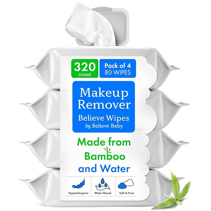 Believe Makeup Remover Wipes 80pc x 4 Packs - Bamboo Viscose Unscented Wipes for Women Cleansing, Disposable Make Up Wipes Remover, Face Cleansing Wipes, Makeup Wipes for Women, Gentle and Compostable