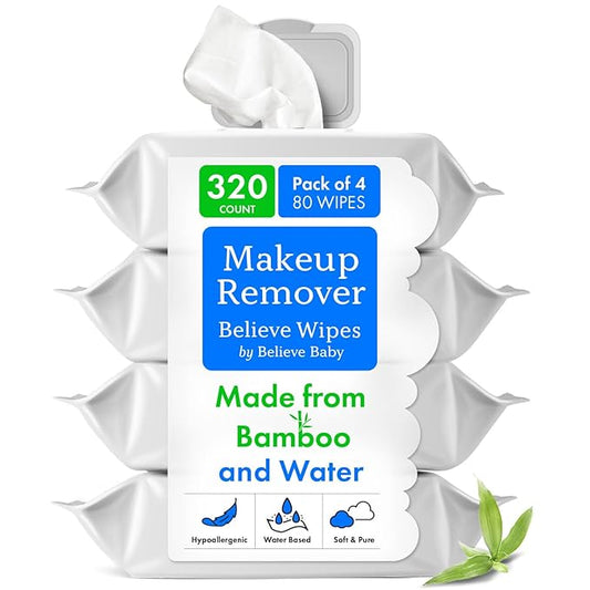 Believe Makeup Remover Wipes 80pc x 4 Packs - Bamboo Viscose Unscented Wipes for Women Cleansing, Disposable Make Up Wipes Remover, Face Cleansing Wipes, Makeup Wipes for Women, Gentle and Compostable