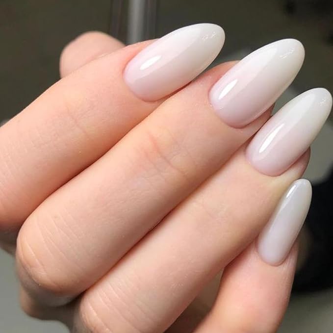 Modelones Milky White Press on Nails Almond, Short Almond Fake Nails, Reusable Nail Kit with Nail Glue Adhesive Tabs Mini Nail File, Nails Press Ons 32Pcs 16 Sizes, Women Girl Gift