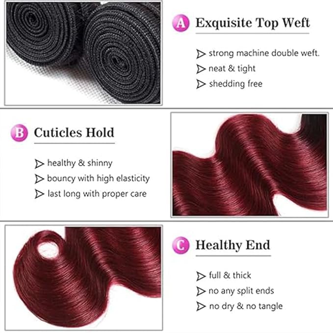 Ombre Burgundy Human Hair Body Wave Bundles 1B99j Body Wave Bundles Black to Burgundy two tone Brazilian Human Hair Weave Wet and Wavy for Women 8 10 12 Inch