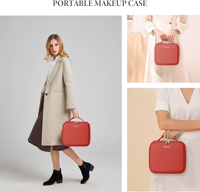 Travel Makeup Bag with LED Lighted Mirror, Cosmetic Makeup Organizer Bag with 3 Color Setting, Makeup Train Case with Adjustable Dividers for Women Makeup Brushes Jewelry Accessories