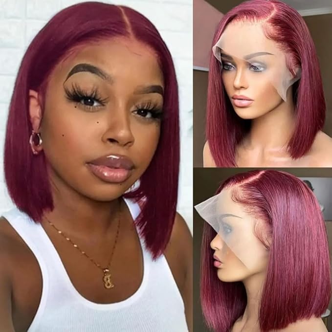 99j Burgundy Bob Wig Human HaIr Wigs 13x4 Lace Front Wigs for Black Women Straight Burgundy Human Hair Pre Plucked 180% Density Transpaent Lace Frontal Wig 99j Short Bob 16 inch