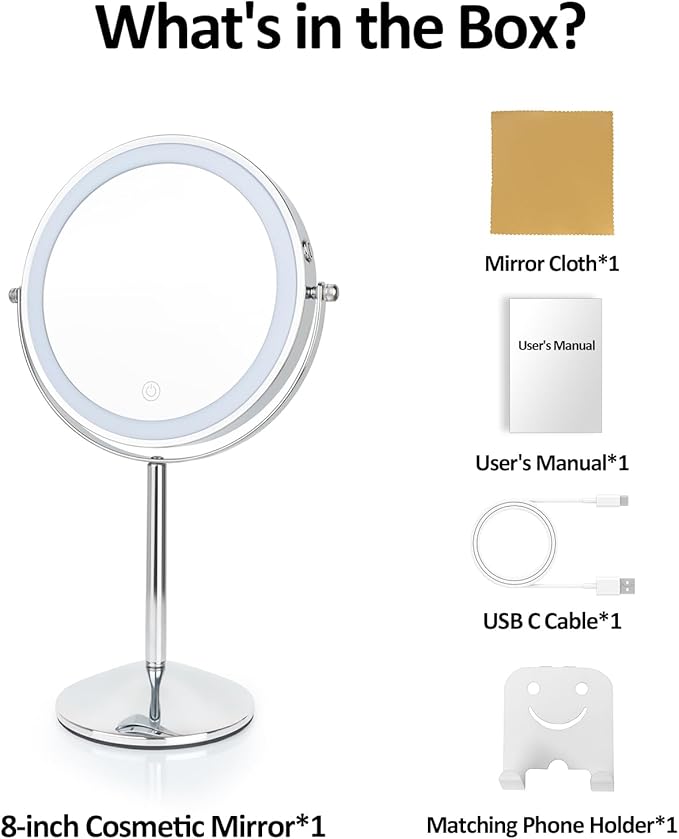 8" Makeup Mirror with Lights, Rechargeable 1x/10x Magnifying Mirror with 3 Colors, 360° Rotation Double Sided Rechargeable Desk Cosmetic Mirror, Touch Dimming LED Lighted Makeup Mirror