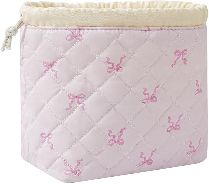Cotton Quilted Drawstring Makeup Bag with Canvas Lining,Coquette Aesthetic Cute Travel Toiletry Bag,Drawstring Gift Bag for Women and Girls（13Small Pink Bow）