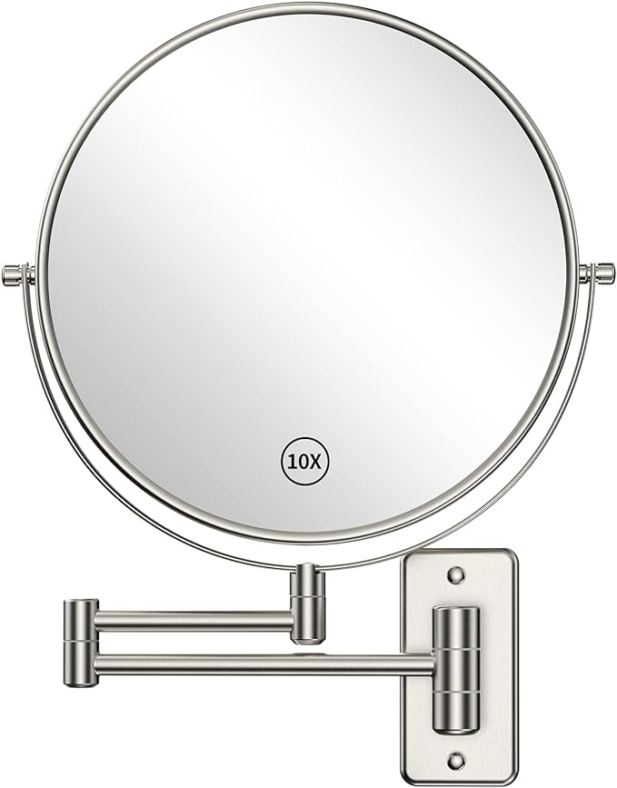 Benbilry 9" Large Size Wall Mounted Makeup Vanity Mirror, 1X/10X Magnifying Double Sided Shaving Mirror for Bathroom, 360° Swivel Extendable Arm Nickel Finish
