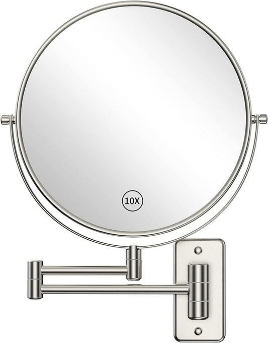 Benbilry 9" Large Size Wall Mounted Makeup Vanity Mirror, 1X/10X Magnifying Double Sided Shaving Mirror for Bathroom, 360° Swivel Extendable Arm Nickel Finish