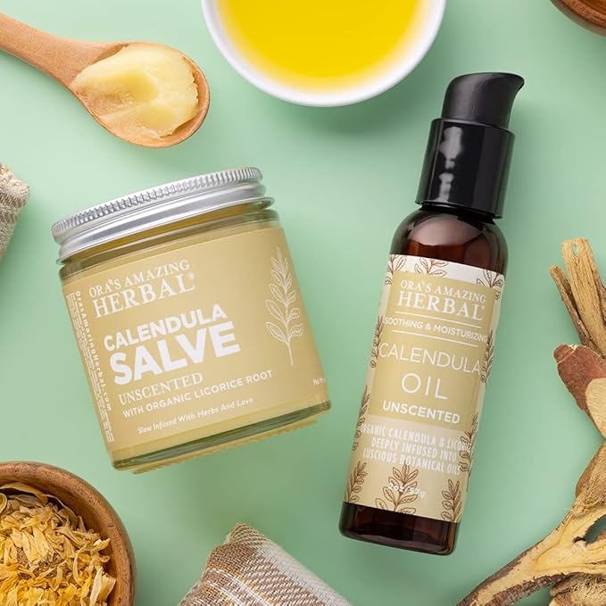 Ora's Amazing Herbal Calendula Skin Salve and Oil Set, Made with Grapeseed Oil, Organic Licorice, Responsibly Sourced Beeswax, 4 oz salve with 2 oz oil