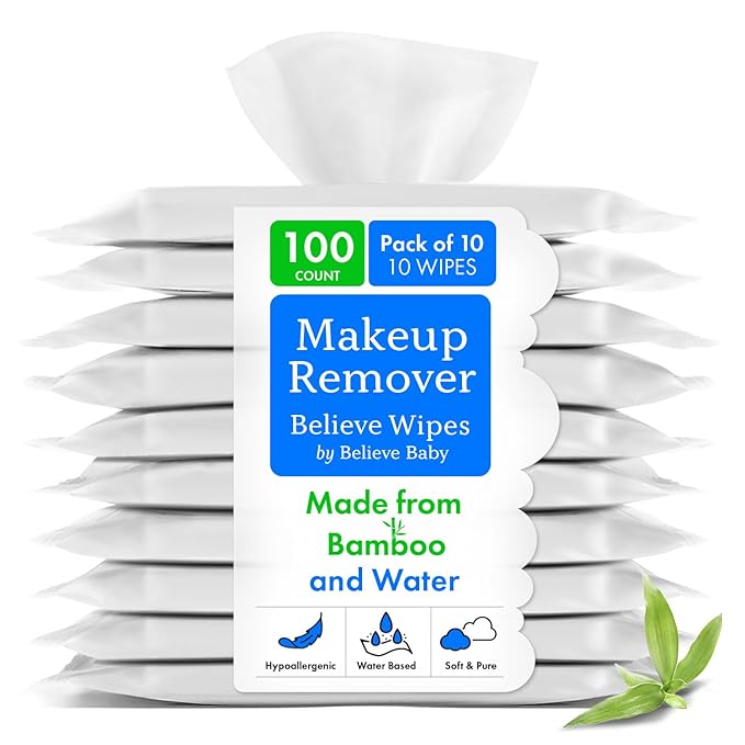 Believe Makeup Remover Wipes Travel-Size 10pc-10 packs - Bamboo Viscose Unscented Wipes for Women Cleansing, Disposable Make Up Wipes Remover, Face Cleansing Wipes, Compostable Makeup Wipes for Women