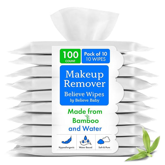 Believe Makeup Remover Wipes Travel-Size 10pc-10 packs - Bamboo Viscose Unscented Wipes for Women Cleansing, Disposable Make Up Wipes Remover, Face Cleansing Wipes, Compostable Makeup Wipes for Women