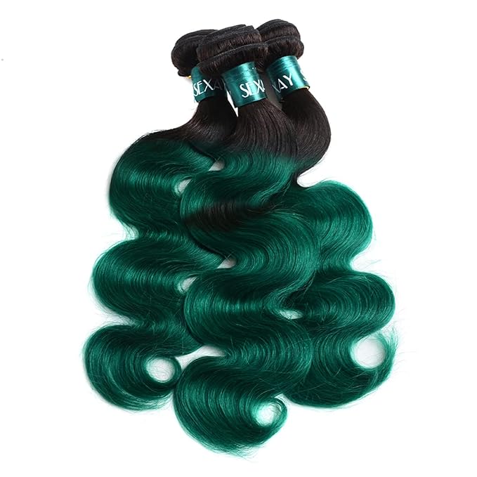 Green Ombre Bundles Body Wave 1B/Green Virgin Human Hair Brazilian Ombre Green Weave 3Bundles, 100% Human Hair Bundles Extensions for Women (141618 1B/Green)