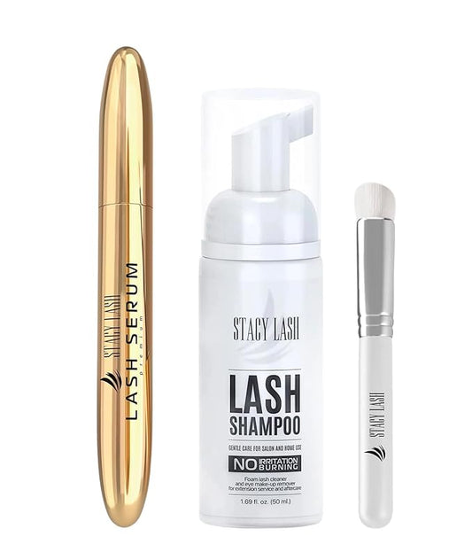 STACY LASH Lash Shampoo 50ml+ Eyelash Growth Serum Eye Makeup Remover + Lash Serum for Eyelash Growth and Thickness/Lash Cleaning Kit of Lash Cleanser + Brush & Eyelash Serum to Grow Lashes