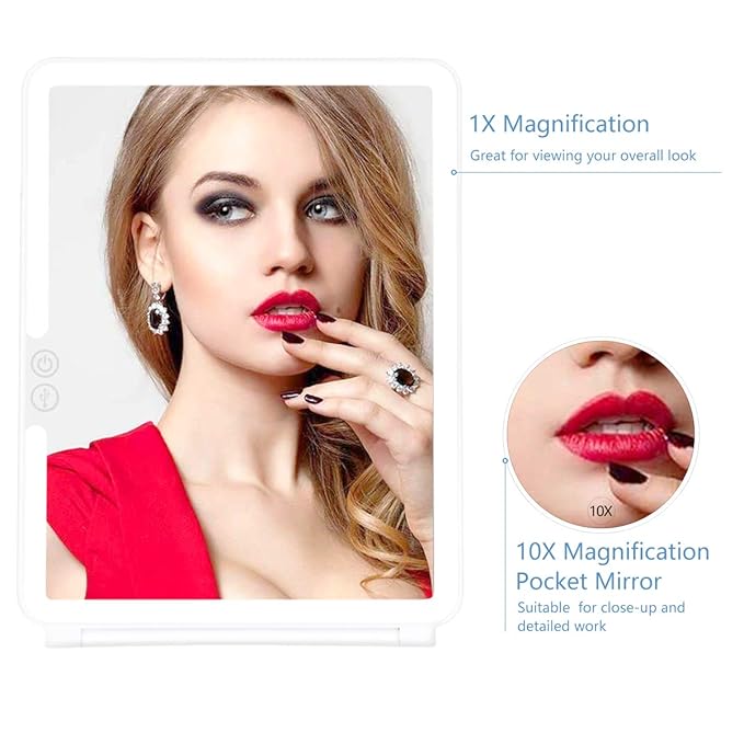 KEDSUM Rechargeable Lighted Makeup Mirror with Cover, LED Travel Mirror with Lights, Compact Vanity Mirror with Touch Screen Dimming, with a Magnification Pocket Spot Mirror