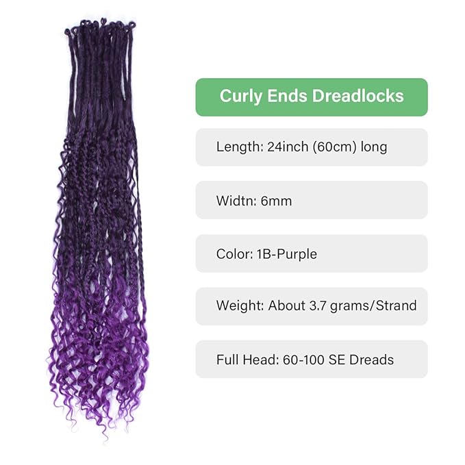 24 In 30 Strands Boho Braid Dreadlock Extensions, Ombre Purple Synthetic Curly Dreads Extensions with Box Braid, 100% Handmade Dreads Hippie Style Dreadlocks for Woman
