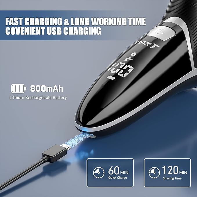 MAX-T Men's Electric Shaver - Corded and Cordless Rechargeable 3D Rotary Shaver Razor for Men with Pop-up Sideburn Trimmer Wet and Dry Painless 100-240V Black (Metal Black)