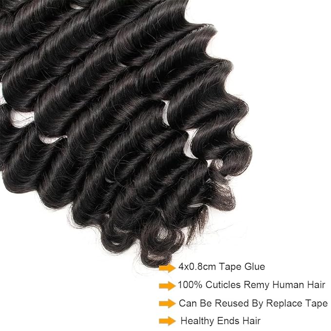 Curly Tape in Hair Extensions Human Hair for Black Women Seamless Skin Weft Invisible Tape in Hair Extensions Double Sided Deep Wave 16 Inch 50G 20pcs/set Curly Wavy Remy Hair Natural Color