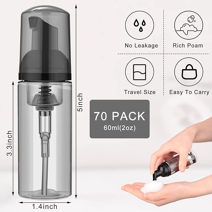 70 Pcs 2 oz Plastic Foam Soap Dispensers Refillable Lash Shampoo Bottles with Pump Mini Eyelash Cleaning Foam Bottle Dispenser for Refillable Travel Cosmetics (Gray)