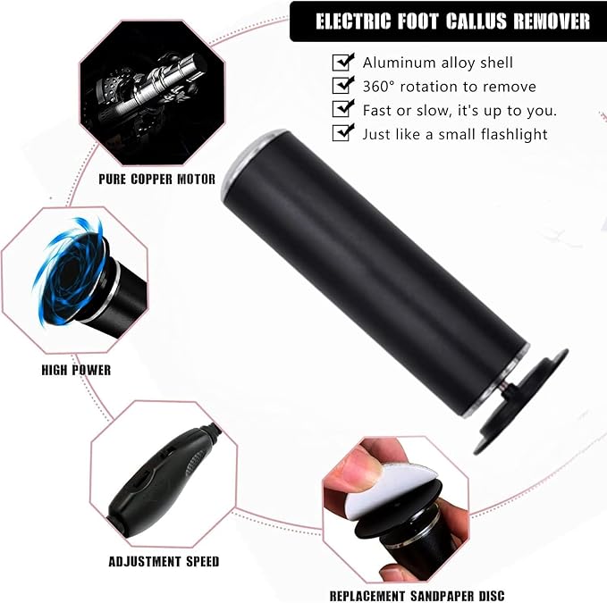 Electronic Foot File Grinder (Speed Adjustable) with 60pcs Replacement Sandpaper Disk，Electric Foot Scrubber Dead Skin Remover，for Feet Hard Cracked Dry Dead Skin Exfoliation，Unisex（Black）