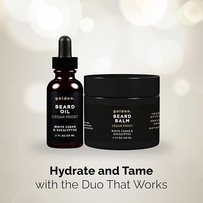 Golden Grooming Beard Oil & Balm Bundle for Men | Natural Growth Kit with Shea Butter | 4oz Balm & 2oz Oil | Cedar Frost