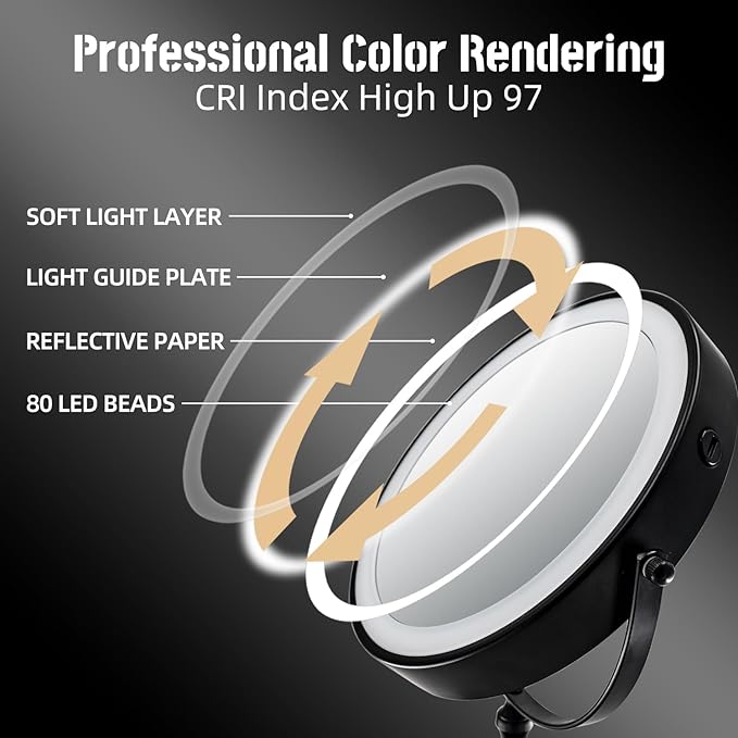 9 "Large Light Makeup Mirror, 1x / 10x True HD Magnifying Mirror, 3-Color LED Light dimmable, 2 Rechargeable Makeup Mirrors 360° Rotation, Standing Desk Makeup Mirror, Black