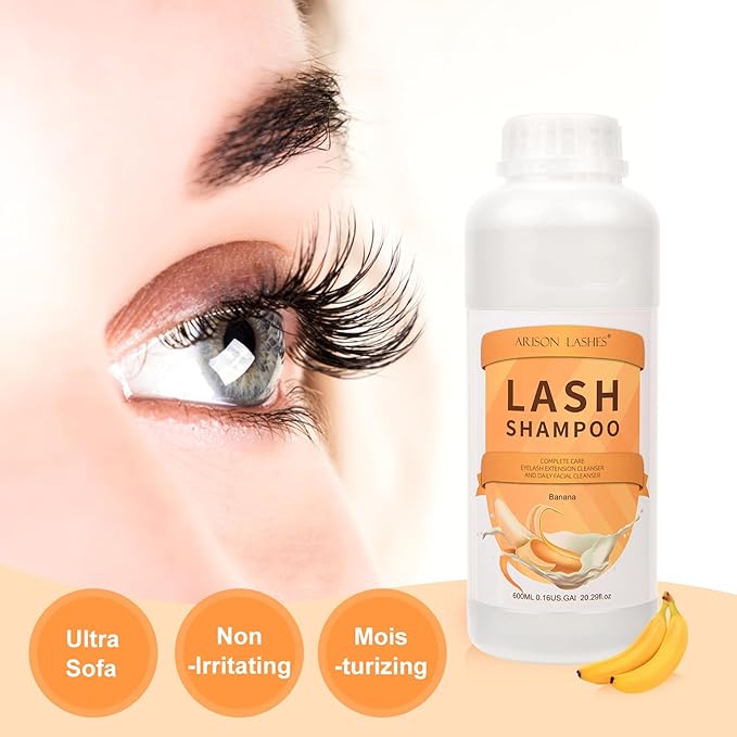Arison Eyelash Eyelash Extension Shampoo 600ml / Eyelid Foaming Cleanser/Wash for Extensions and Natural Lashes/Paraben & Sulfate Free Safe Makeup & / Professional & Self Use (Banana)