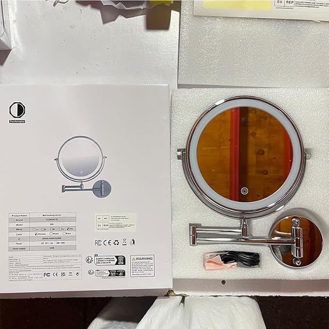 9 Inch Large Rechargeable Lighted Makeup Vanity Mirror Wall Mounted, 1X/10X Magnifying Mirror with Light for Bathroom 3000mAh USB Charging, Chrome Wall Mounted Mirror Swing Arm with 3 Light for Makeup