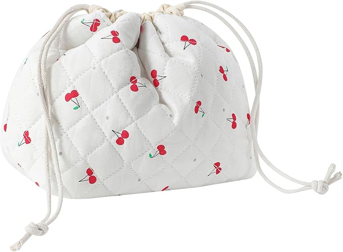 Cotton Quilted Drawstring Makeup Bag with Canvas Lining,Coquette Aesthetic Cute Travel Toiletry Bag,Drawstring Gift Bag for Women and Girls(01Cherry)
