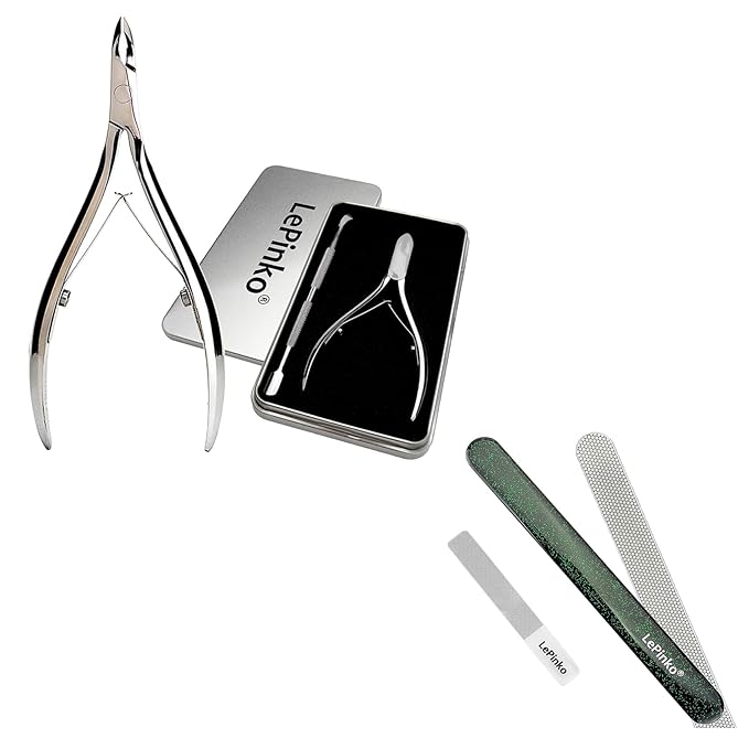 LePinko Salon-Quality Cuticle Trimmer with Cuticle Pusher and Nail File and Buffer Bundle Set