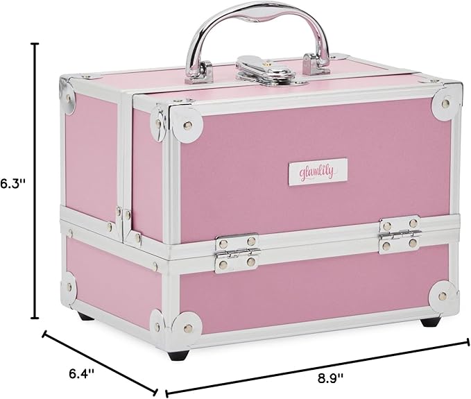 Pink Makeup Train Case with Lock and 2 Keys, 3-Tier Cosmetic Storage Box