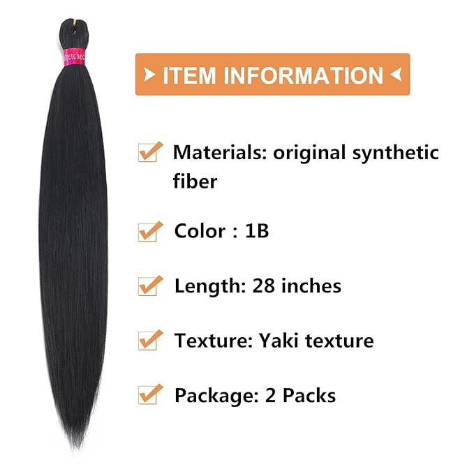 Black Braiding Hair Extension, 28 Inches Pre Stretched Braiding Hair for hair Braids,2 Packs Yaki Texture Synthetic Braid Hair