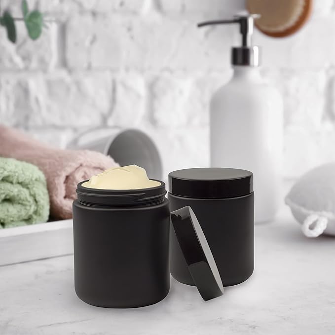 Cornucopia 8oz Black Coated Glass Jars (6-Pack); Cosmetic Jars with Black Plastic Lids and Black Matte Exterior, 8-Ounce / 9-ounce Capacity