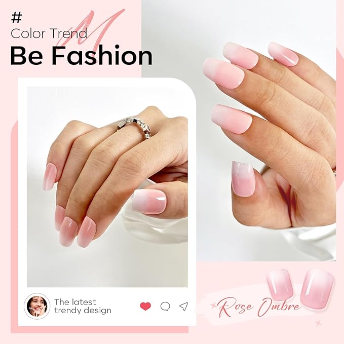 Modelones Pink Ombre Press on Nails, Spring Easter Short Square Fake Nails, Reusable Nail Kit with Nail Glue Adhesive Tabs Mini Nail File, Nails Press Ons 32Pcs 16 Sizes, Women Girl Gift