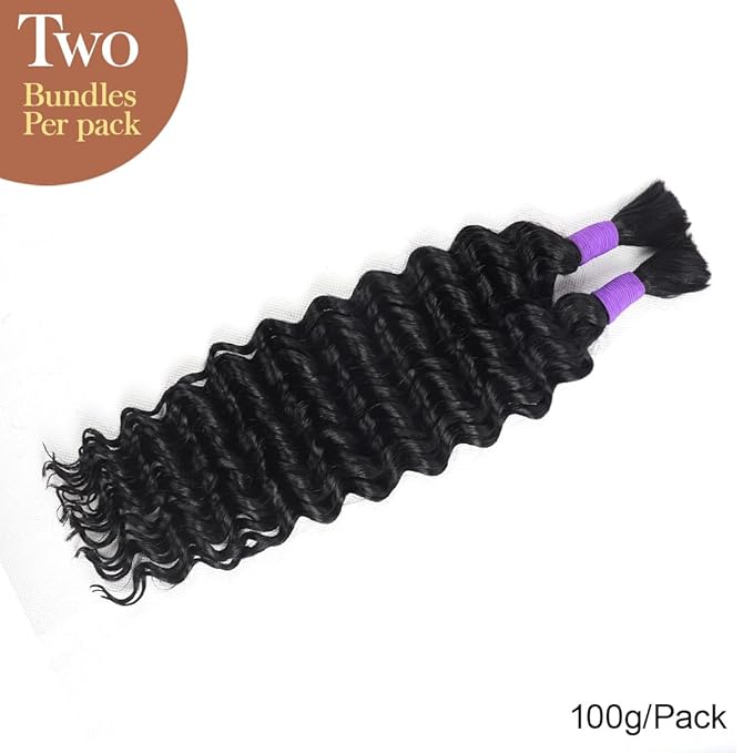 Human Braiding Hair Deep Wave Bulk Human Hair Boho Hair For Braiding No Weft 100g (1Pack-2Bundles) 100% Human Hair Deep Wave Braiding Hair For Bohe Braids (22inch, Natural Black)