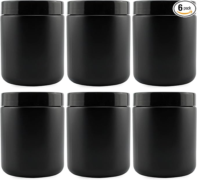 Cornucopia 8oz Black Coated Glass Jars (6-Pack); Cosmetic Jars with Black Plastic Lids and Black Matte Exterior, 8-Ounce / 9-ounce Capacity