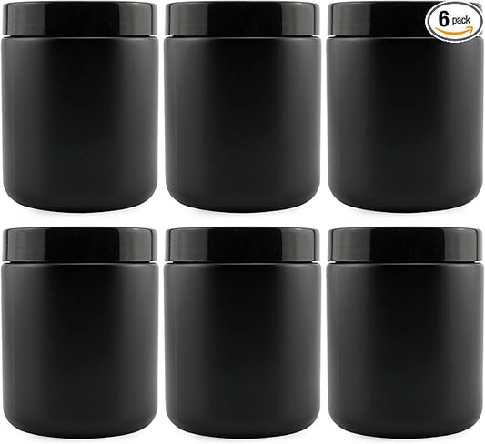 Cornucopia 8oz Black Coated Glass Jars (6-Pack); Cosmetic Jars with Black Plastic Lids and Black Matte Exterior, 8-Ounce / 9-ounce Capacity