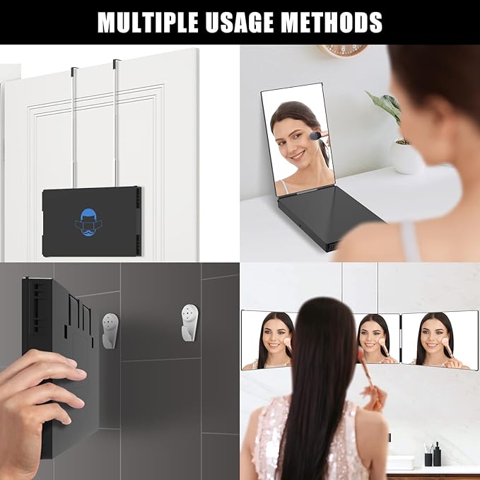 3 Way Mirror with 10X Magnifying Mirror, 360 Trifold Barber Mirror for Self Cutting and Braiding Hair, 3 Sided Mirror with Adjustable Hooks, Portable Makeup Mirror to see back of head