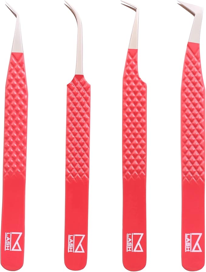 M LASH Tweezers for Eyelash Extensions (Set of 4) - Professional Lash Extension Tweezers - Fiber Tip, Japanese Steel, Diamond Grip Eyelash Extension Tweezer (Luscious Red)
