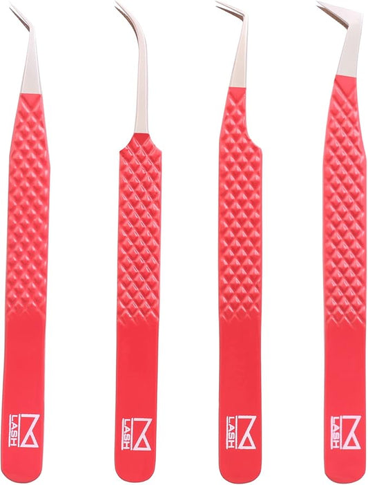 M LASH Tweezers for Eyelash Extensions (Set of 4) - Professional Lash Extension Tweezers - Fiber Tip, Japanese Steel, Diamond Grip Eyelash Extension Tweezer (Luscious Red)