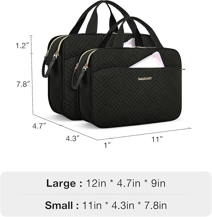 BAGSMART Large Toiletry Bag, Travel Makeup Organizer, Water-resistant Makeup Cosmetic Bag Door Room Essentials Travel Bag for Accessories, Shampoo, Full Sized Container, Toiletries (Black, Large)